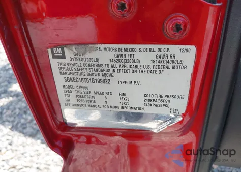 2001 GMC Yukon Xl 1500 Slt from USA, damaged, VIN 3GKEC16T61G199822